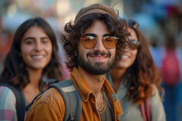 Obraz premium A cheerful trio with backpacks enjoys a sunny day out, sharing laughter and good vibes.