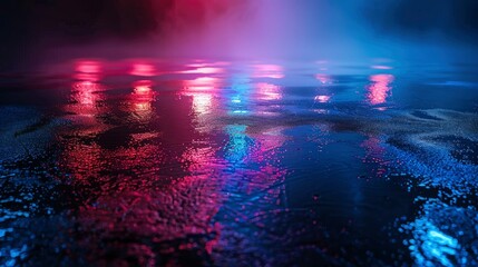 Wet asphalt, night view, neon reflection on the concrete floor. Night empty stage, studio. Dark abstract background. Product Showcase Spotlight Background - generative ai - obrazy, fototapety, plakaty