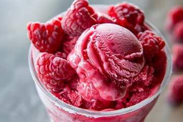 A swirl of raspberry sorbet topped with fresh raspberries in a frosted glass.