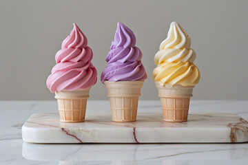 A trio of mini ice cream cones in vibrant colors, arranged on a marble slab.