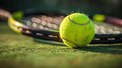 Tennis ball with a tennis racket on the grass. Horizontal photo, tennis concept.