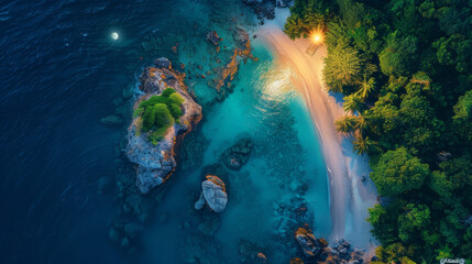 view of a cave in the sea, tropical island in the ocean, Aerial top view beautiful Sea  island and beach in the night view with moon 