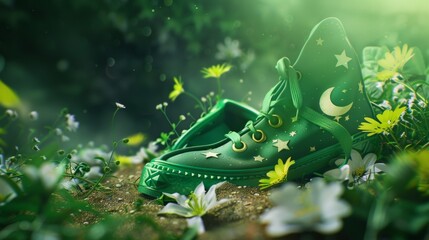 Fantasy-inspired green sneaker with celestial motifs lying amongst wildflowers and twinkling lights