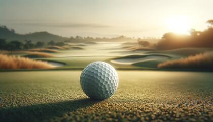 A panoramic, widescreen view focusing on a pristine white golf ball on the tee - obrazy, fototapety, plakaty