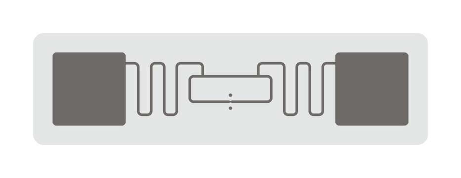 Ractangular RF ID tag on sticky paper with semiconductor microchip. Radio frequency identification flexible label. Vector illustration