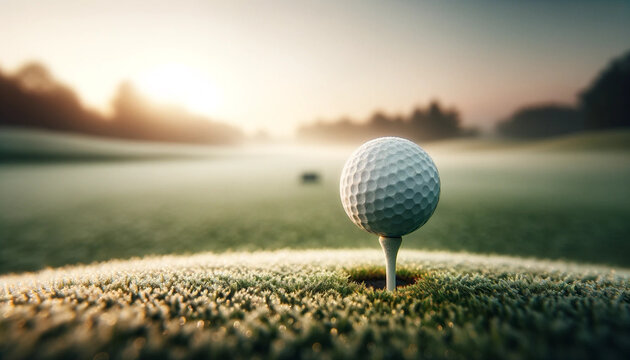 A panoramic, widescreen view focusing on a pristine white golf ball on the tee