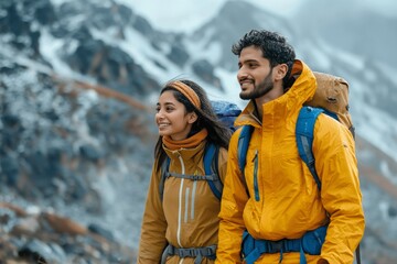 A joyful couple in vibrant jackets hikes in the mountains, tranquil beauty of snow-covered peaks - obrazy, fototapety, plakaty
