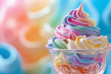 Colorful swirls of rainbow sherbet piled high in a chilled glass bowl.