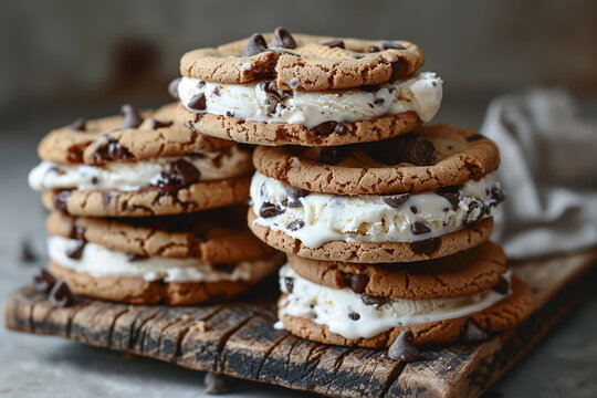 Chocolate Chip Cookie Ice Cream Sandwiches Stacked On A Rustic Wooden Board.