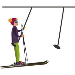 Tourist skier on ski lift vector icon isolated on white