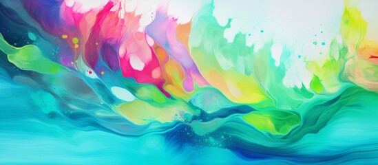 A vibrant painting featuring a closeup view of liquid magenta paint on a white canvas, with electric blue accents. The artwork incorporates patterns inspired by plant petals - obrazy, fototapety, plakaty