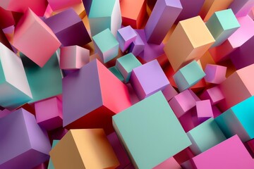 Abstract geometric blocks in various colors and shapes creating a dynamic 3D background, digital render
