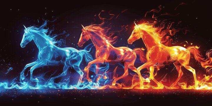 A group of horses running through a field of fire.