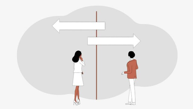 A businessman and a businesswoman stand at a crossroads with a forked signpost, deciding which way is the right way to go