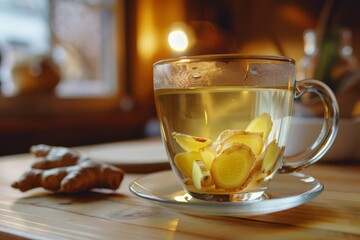 Aromatic Ginger Tea in Glass Cup, Herbal Beverage Close-up, Food Photography
