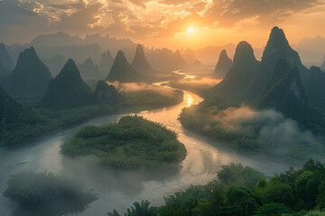 Misty mountains and rivers at dusk and sunset