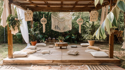 A serene bohemian-inspired outdoor lounge with stylish macrame, floor cushions, and natural wooden decking