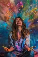 Obraz na płótnie Canvas Portrait of a happy young beautiful woman celebrating Holi festival with bursts and splashes of vibrant, colorful Indian Holi powder.