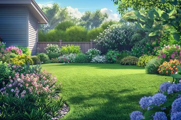 Beautifully manicured lawn and vibrant flowerbed with lush shrubs in sunny residential backyard, digital illustration - obrazy, fototapety, plakaty