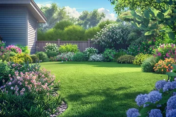Gordijnen Beautifully manicured lawn and vibrant flowerbed with lush shrubs in sunny residential backyard, digital illustration © furyon