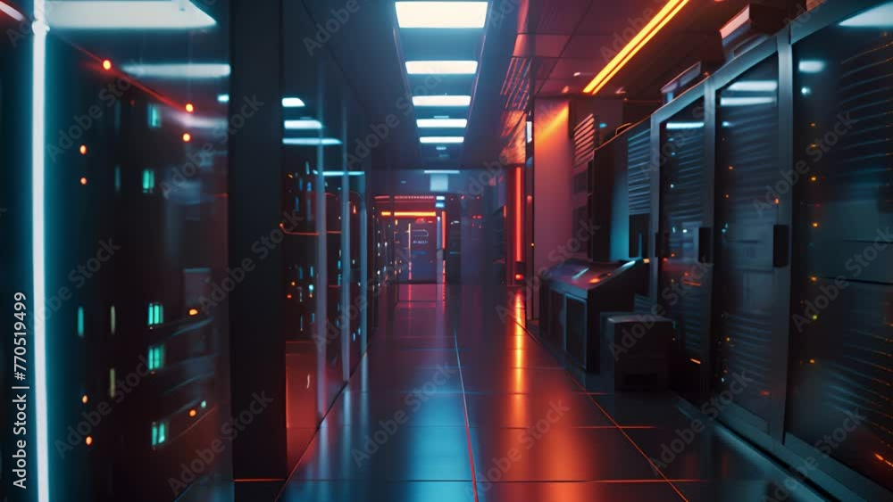 Poster hallway with rows of servers in data center