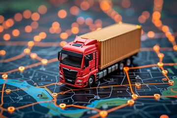 Miniature truck on a map with glowing points, logistics and transportation concept.