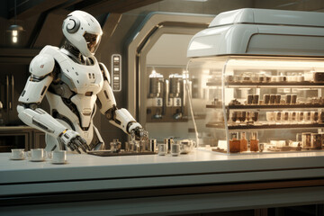 White robot preparing food