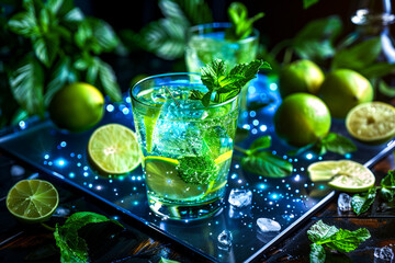A mojito cocktail with fresh mint and lime slices, vibrant blue light illuminates the glasses and table