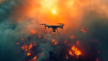 Drone hovering above a fierce wildfire, emergency tech in action, sunset backdrop. - obrazy, fototapety, plakaty