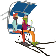 Tourist skiers going down on ski lift vector icon isolated on white