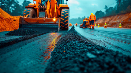 Road construction with asphalt being laid by heavy machinery and workers in reflective gear.