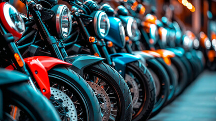 A lineup of various colored motorcycles parked side by side, showcasing design and transport.