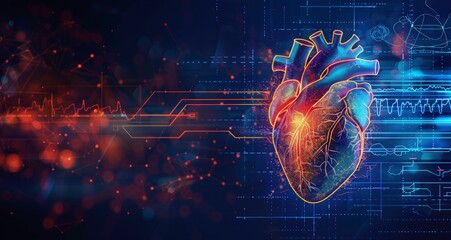 Digital Illustration of an human heart with ECG lines in the background. symbolizing health and medical care, educational material about cardiology, visually representing a cardWatch product advertise - obrazy, fototapety, plakaty