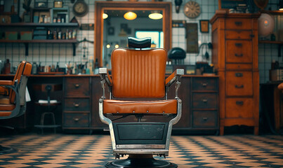 vintage barber chair in traditional barbershop - obrazy, fototapety, plakaty