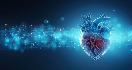 Digital Illustration of an human heart with ECG lines in the background. symbolizing health and medical care, educational material about cardiology, visually representing a cardWatch product advertise
