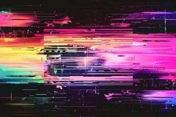Digital dreamscape: A 4K image warps and distorts with nostalgic VHS glitches, awash in neon pink and blue, a trippy homage to the 1980s aesthetic - obrazy, fototapety, plakaty