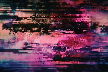 A blast from the past: A vibrant 4K image explodes with VHS glitch effects, pulsating with neon pink and blue hues, capturing the essence of 1980s style