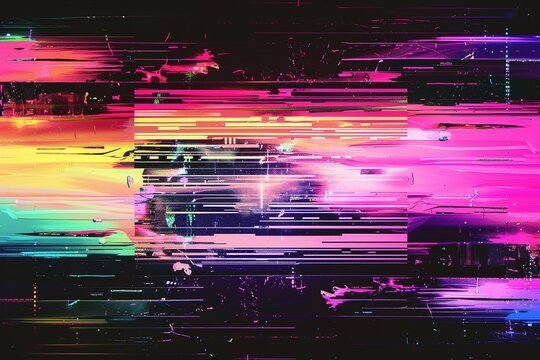 Digital dreamscape: A 4K image warps and distorts with nostalgic VHS glitches, awash in neon pink and blue, a trippy homage to the 1980s aesthetic