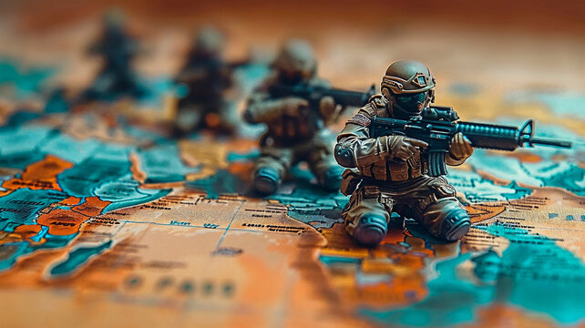 military figurines on a world map - Powered by Adobe