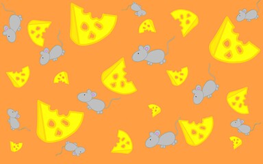 Cartoon pattern of cheese and mice. Pattern for children. Illustration with mice and a slice of cheese for printing on fabric, paper, bed linen, pajamas, stationery, wallpaper, notepads, dishes.	