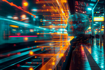 mannequin head display with digital data overlay in cityscape