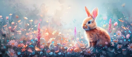 Fototapeta na wymiar Charming Watercolor of a Chubby Rabbit Amid a Blooming Garden with Easter-Themed Elements