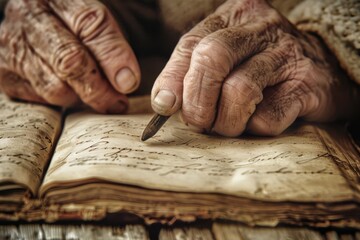 Elderly man's hand writing on antique manuscript, vintage illustration concept - obrazy, fototapety, plakaty