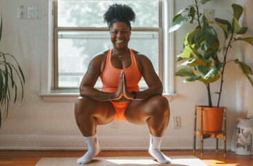 Full body photo of a large black woman doing closed leg squats in her living room, wearing yoga shorts and an orange tank top with white socks