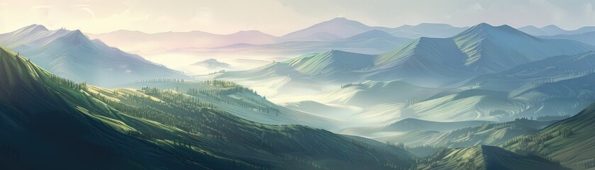 serene pastel mountain range with soft morning light casting gentle shadows across the valleys