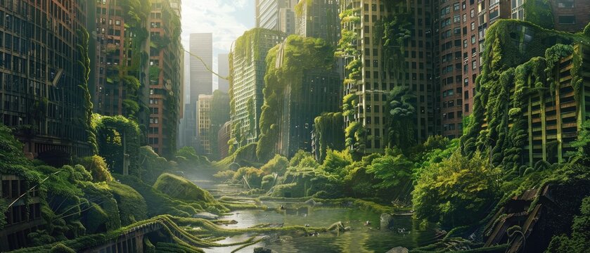 post-apocalyptic scene with nature reclaiming a city