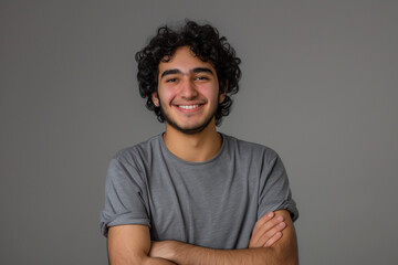 Fototapeta na wymiar Photo of a young smiling Arab man with curly hair in a gray shirt, standing on a gray background with his arms crossed and looking at the camera.