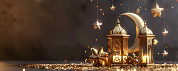 Arabic Ornamental Lantern Light With Burning Candle, Stars And Moon, Template For Festive Greeting Banner, Muslim Holy Month Ramadan Kareem Concept