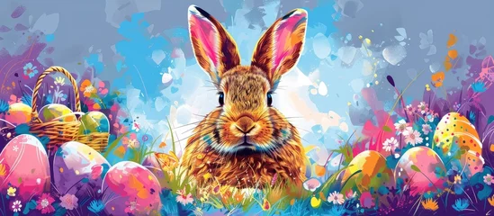 Foto op Plexiglas Vibrant Pop Art Depiction of a Festive Chubby Rabbit Amid Easter Symbols © Sittichok