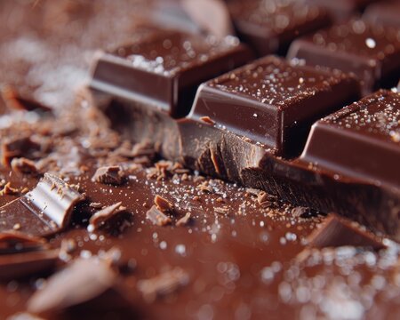Macro shot of a chocolate bar breaking focusing on the snap and the texture inside